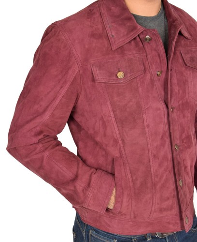 Mens Soft Suede Trucker Jacket Fitted Biker Denim Style Black Burgundy Olive Tan - Picture 20 of 39