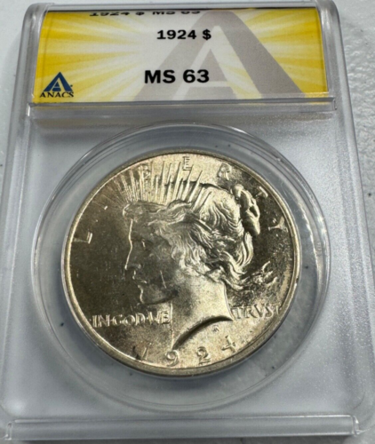 Dólar de plata estadounidense Peace 1924, ms63 de ANACS, ¡¡una moneda de aspecto EXCELENTE!!!¡! - Imagen 1 de 6