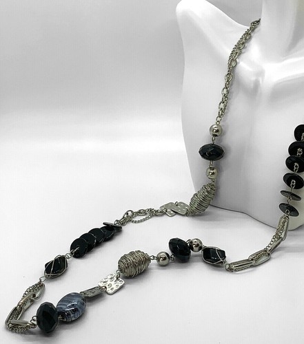 Nice! Silvertone Wired & Black Beads Artisan Necklace