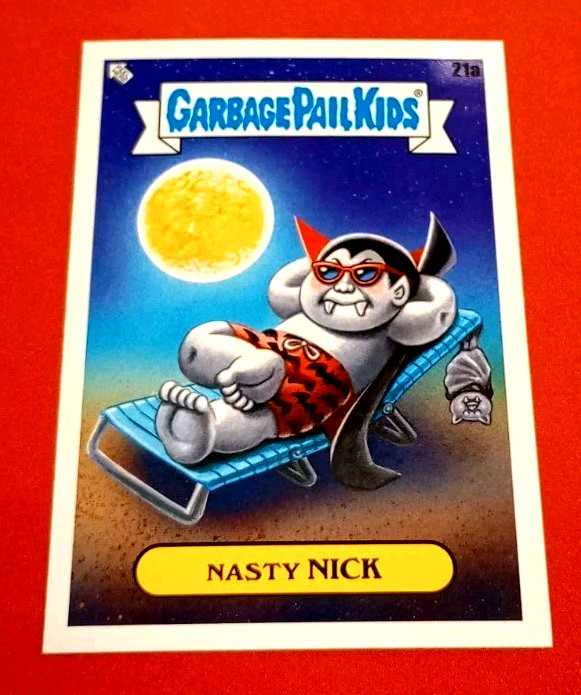 Nasty NICK #21a Garbage Pail Kids Go on Vacation trading card — raw and PSA graded price guide