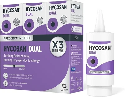 3 X Hycosan Dual Eye Drops 7.5ml Lipid Deficient & Allergy Related Dry Eye Drops
