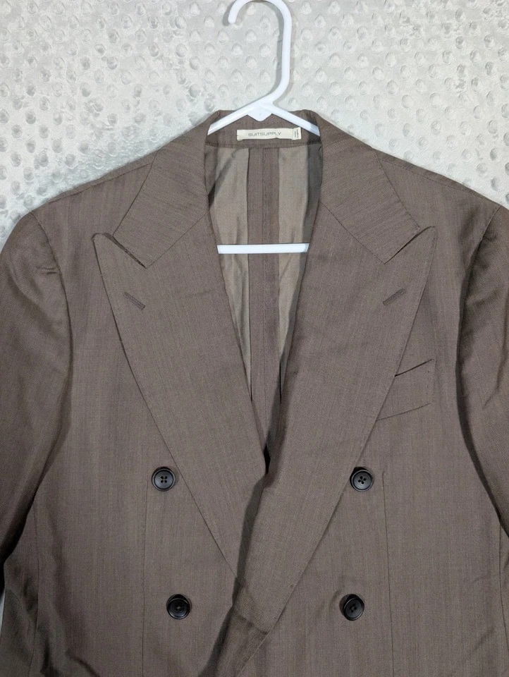 Traje Suitsupply Para Hombre 38 Habana Delgado Doble Pecho Lana Seda Rayas Espiga Foto 3 de 4