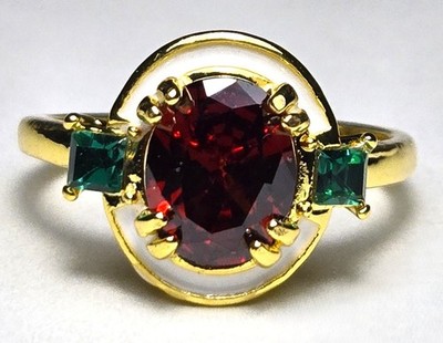 Vintage Art Deco Style Oval Lab Created Garnet & Emerald with White Enamel Ring