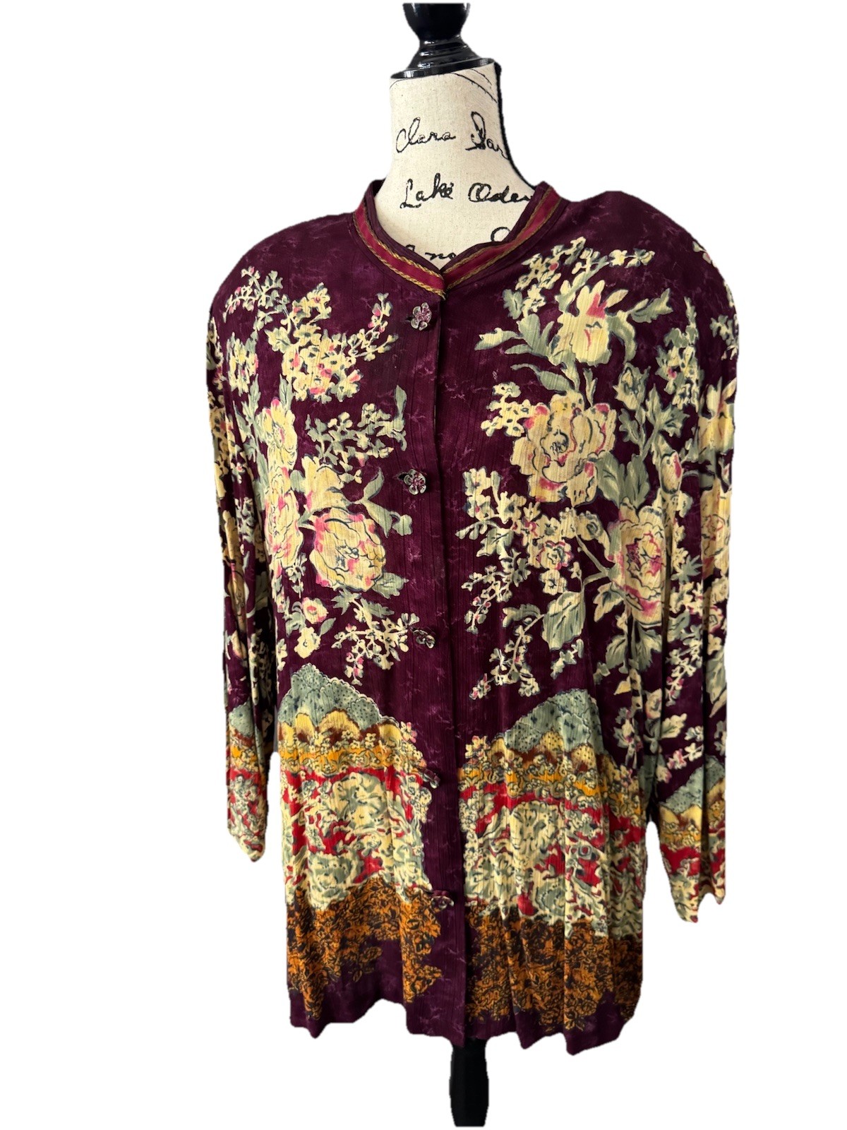 VTG Carole Little II Women's Art Blouse Blazer Floral Wood Button Shoulder Pads
