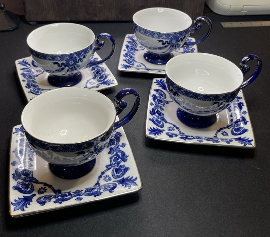 Bombay Company Blue White Teacup Saucer Set 4 Footed Cups Square