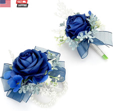 Corsage Wristlet and Boutonniere Set Blue Wrist Corsage Double Pearl Bracelets B