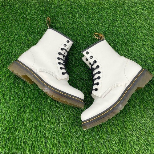 Bottes de combat à lacets en cuir lisse blanc Dr. Martens AirWair Classic 1460 - Photo 1/8