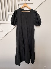 MNG by Mango Black Tiered Midi Dress Women’s L US 8 Puff Sleeve V Neck