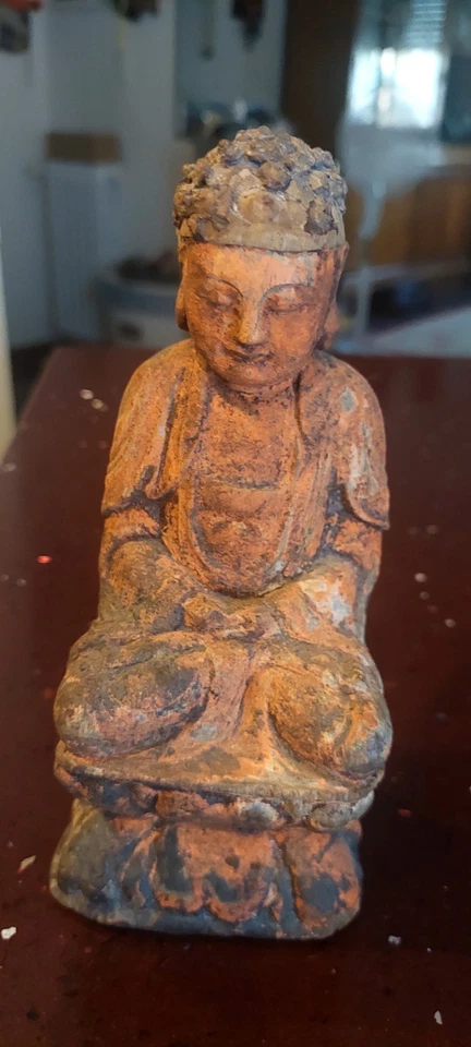 ANTICA SCULTURA LEGNO POLICROMO BUDDHA CINA - Immagine 4 di 4