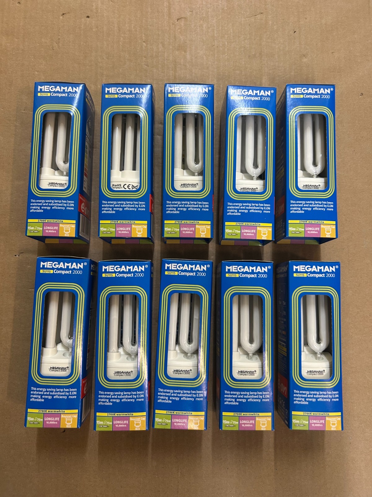 10x 15W (=75W) CFL Stick Light Bulbs SU115 B22 BC 2700K Warm White Low Energy