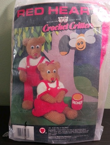Red Heart Yarn Crochet Kit Critters Boy or Girl 18" Honey Bear Vtg New Sealed - Picture 3 of 8