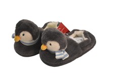 Penguin Slippers Boys Size 10 Gray Plush Fleece Faux Fur Winter Non Slip House