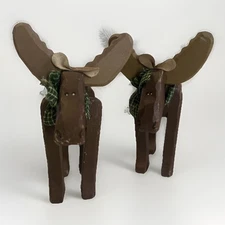 Hand carved hand painted wooden moose With Bow And Leather Ears