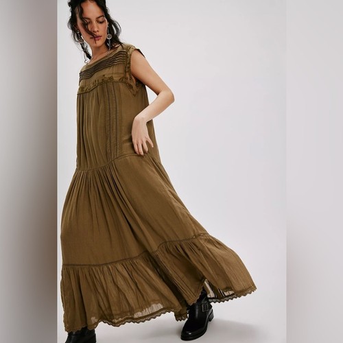 NWT Free People Meadows Edge Embroidered Tiered Maxi Dress Olive Green Size XL