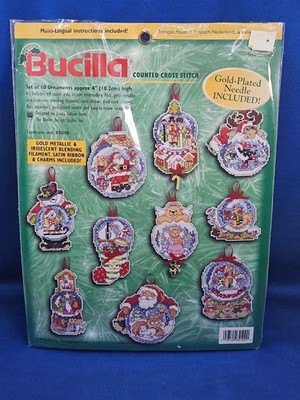 Vtg Bucilla Snow Domes Globes X Stitch Ornament Kit Set 10 Santa, Bears & More