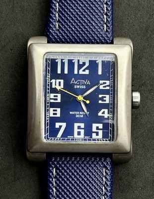 Vtg New 1990 ACTIVA Tank Men s 47mm Swiss Quartz Watch Steel Blue Dial Strap