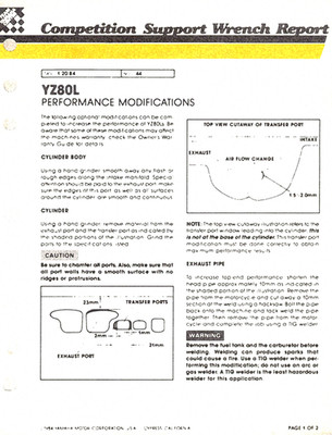 Genuine Yamaha Service Technical Bulletin 1984 YZ80 Performance Modifications