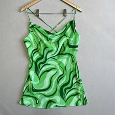 Zara Womens XL Green Swirl Y2k Satin Slip Mini Micro Dress Cowl Neck Strappy