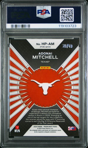 2024 PANINI PRIZM DRAFT PICKS HYPE ORANGE PULSAR ADONAI MITCHELL 39/49 PSA 10 - Picture 2 of 2