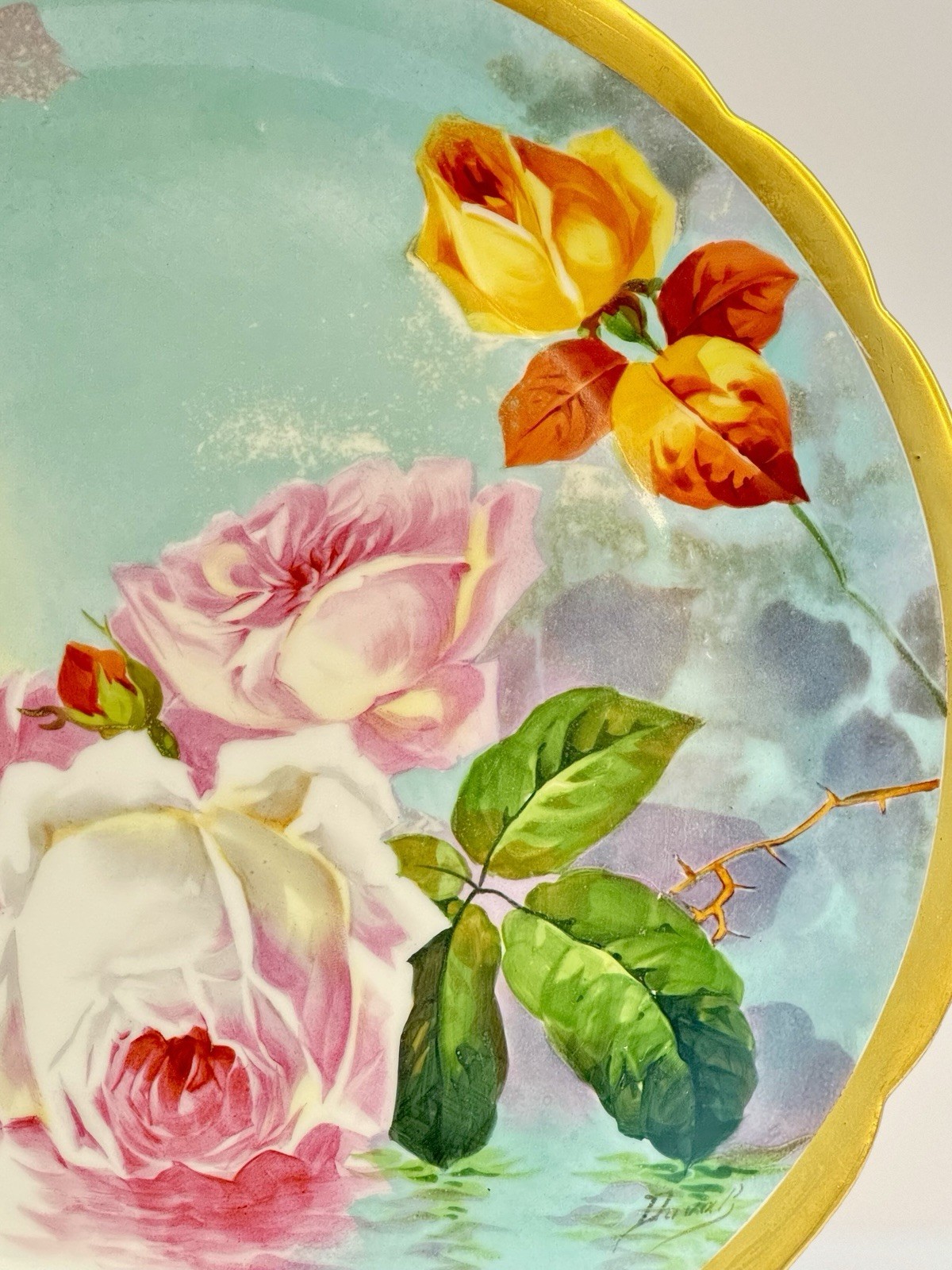 Superb Coronet Limoges France Duval Hand Painted Reflecting Water & Roses Gilt