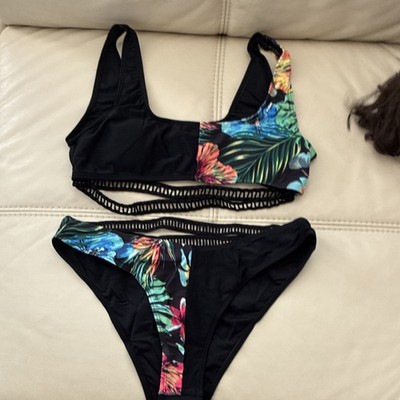 SheIn Black Floral Cut-Out Bikini Set 2 Piece Size XL Polyester Spandex