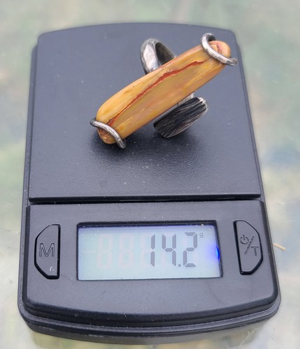 Anillo de Colección Brutalista Modernista Plata de Ley y Madera Petrificada Forma Libre Talla 4 - Imagen 6 de 17