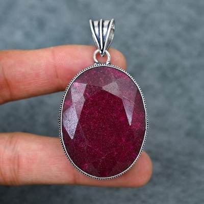 Ruby Oval Pendant Silver plated Large Faceted Gemstone Necklace