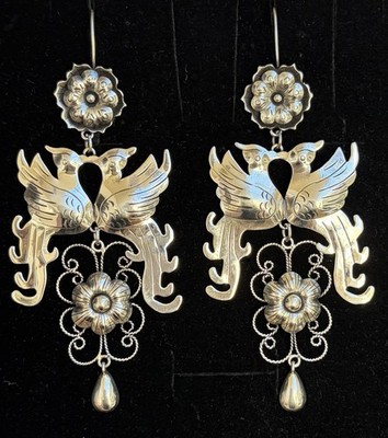 Large Mexican Sterling Silver Love Bird Frida Earrings