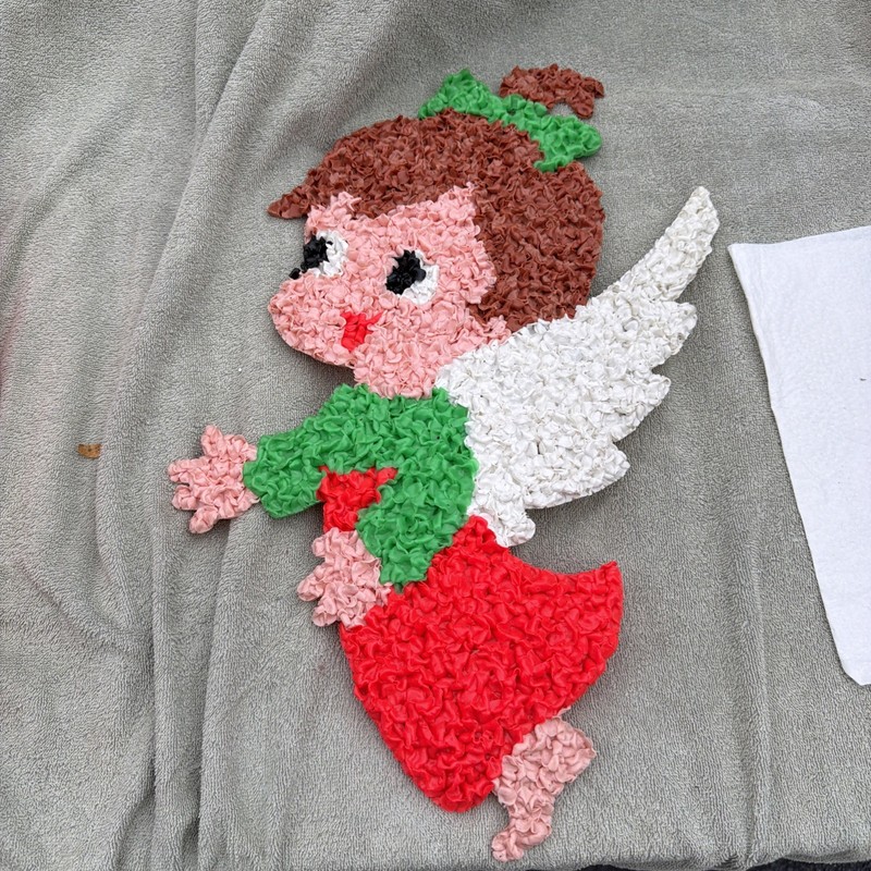 Vtg  1970's Melted Plastic Popcorn Girl Angel  Christmas HTF RED Dress green bow