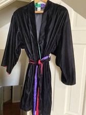 JOSIE Natori Black Velveteen Robe Satin Trim M Wrap Tie EXCELLENT Kimono Lined