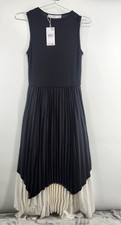 Mango Women's Small Black Combined Pleated Dress NWT Midi Round Neckline
