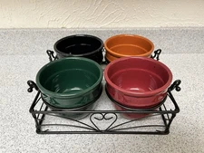 Set of 4 Colorful Ceramic Bowls with Black Wire Holder 3” Small Serving Dishes