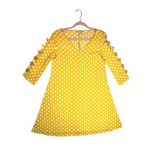 Prelude Yellow Polka Dot V-Neck Dress Gold Ring Cut-Out Sleeve Medium