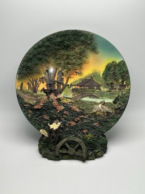 Vintage 7.5  3D Sunset Cottage Scene Collector Plate w/Base ~ Resin Hand Painted