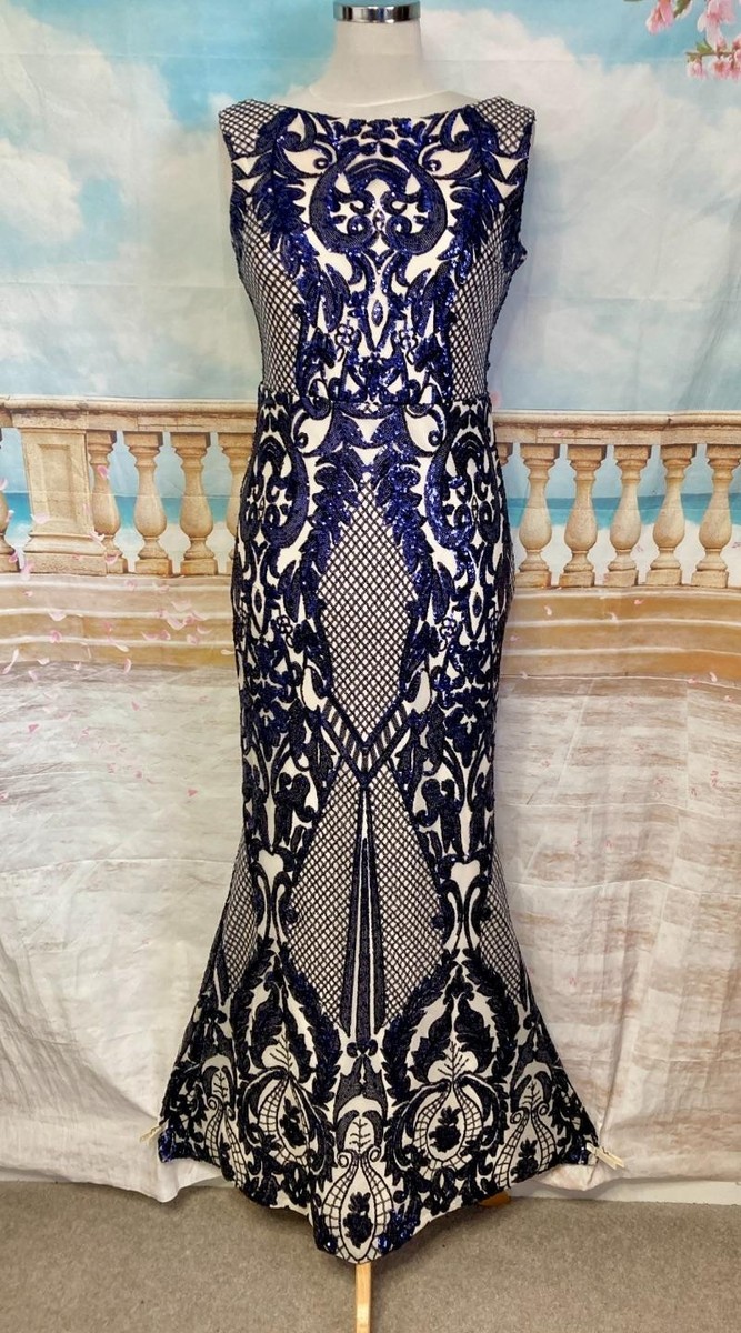 Elegant Sequin Quiz Navy Sequin Bardot Maxi Dress Dress 12 Cream