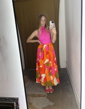 Rare Vintage 1960s Hawaiian Kamehameha Day Glo Barkcloth Halter Maxi Dress XS