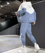 Trainingsanzug Herren Blau Weiß Kapuze Reißverschluss Tapered Größe L 2-teilig