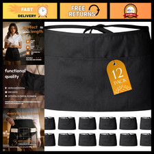 Black Server Waist Aprons - 12 Pack, 3 Pocket Waitress Half Aprons, Classic Styl