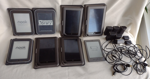 Bundle Lot of 8 eBook Readers + Cords & Plugs For Parts & Repairs Only