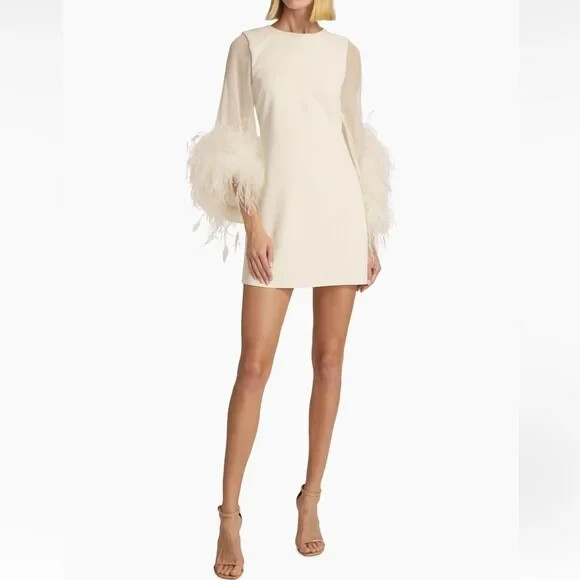 Alice + Olivia Off White Izola Feather Cuff Minidress Size Alice + Olivia Off White Izola Feather Cuff Minidress Size