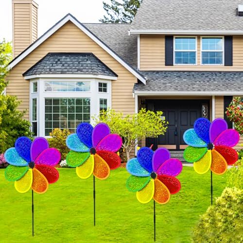 4PCS Flower Wind Spinner Sparkly Lawn Pinwheel 11.8 inch Colorful Rainbow - Picture 5 of 7