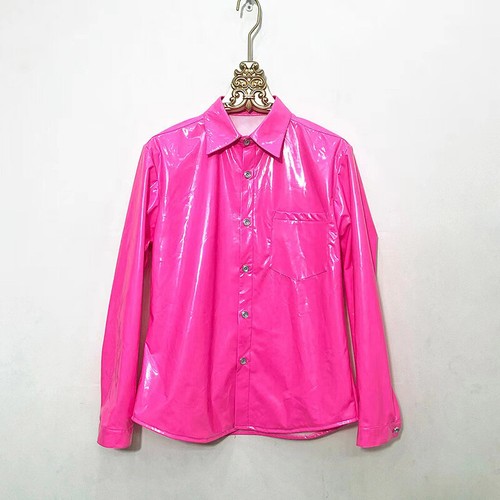 Hombres Camisa Brillante Imitación Cuero Manga Larga Prendas para el torso Delgado Fiesta Showman Disfraz Blusa - Imagen 16 de 38