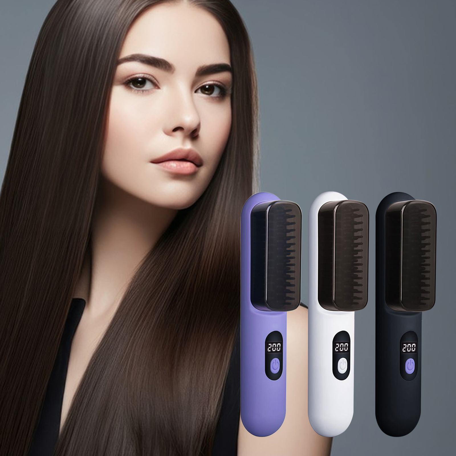 USB Heated Hair Straightener Brush - Wireless Styling Comb & Curler-image