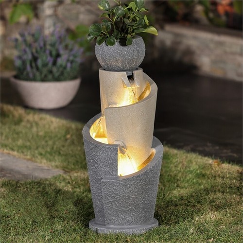 LuxenHome Gray Resin Cascading Spiral Outdoor Fountain with Lights - 第 3/12 張圖片