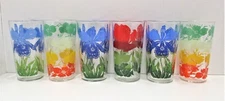 6 Mid Century Floral 8 Ounce Glass Tumblers Iris, Rose, Dogwood
