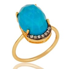 Natural Turquoise Gemstone 925 Silver Gold Plated Ring Beautiful - All SIZES