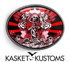 Guadalupe Belt Buckle - Red Day of the Dead Skull Silver Oval Buckle - 63-2-SO
