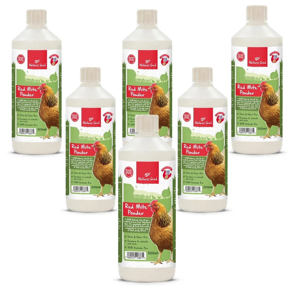 6x Red Mite Powder Puffer Bottle 500ml, Diatomaceous Earth, Natures Grub Chicken