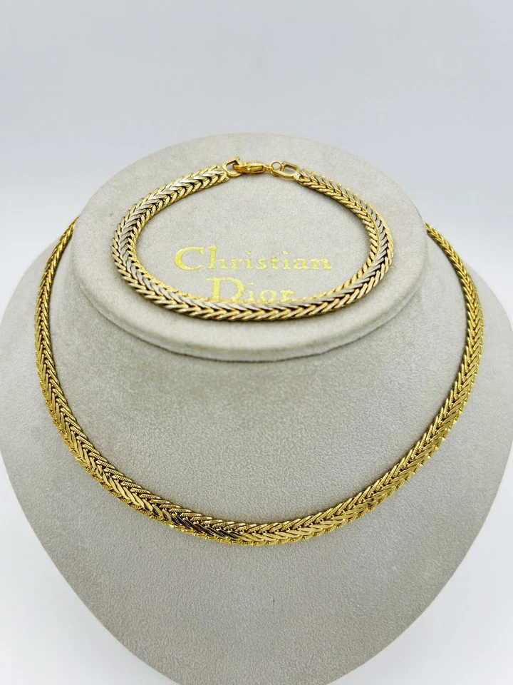Vintage DIOR SCHMUCK SET Vergoldet Kette 39-44cm.+Armband 19cm.+Dior BEUTEL.