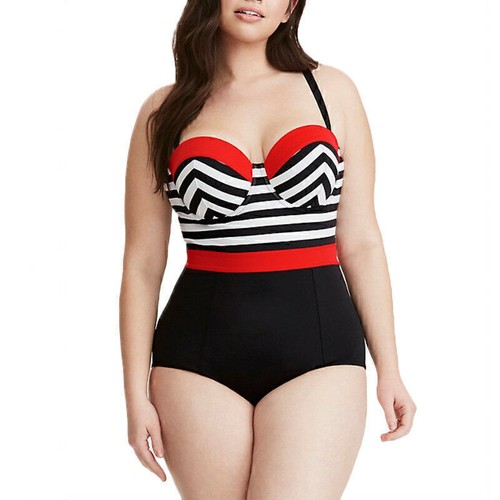 Damen Gestreift Einteiliger Bademode Badeanzug Swimsuit Monokini Große Größe DE - Bild 7 von 10